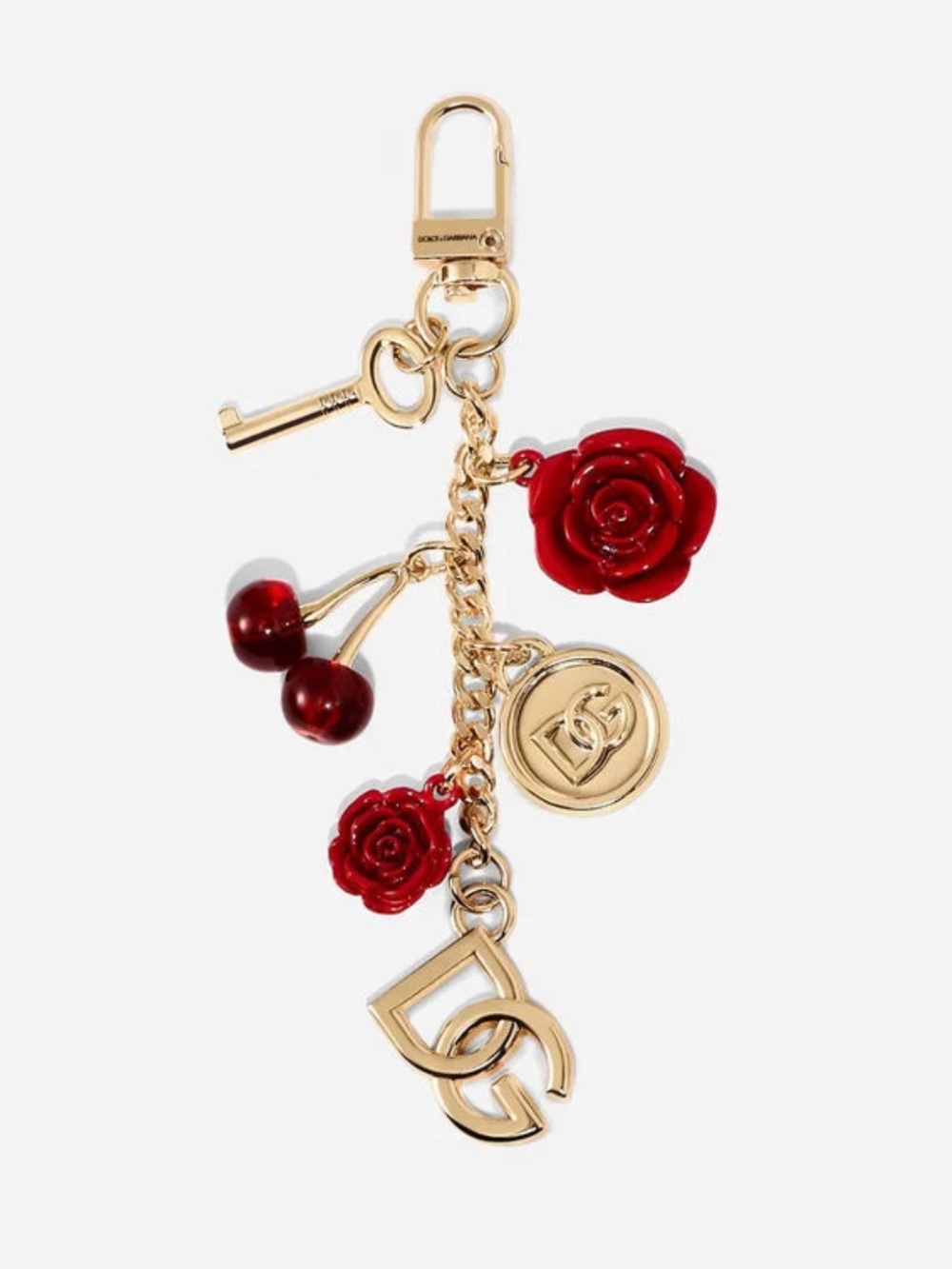 New Dolce & Gabbana Gold-Tone Keychain with DG Logos Red Rose & Cherry Charms